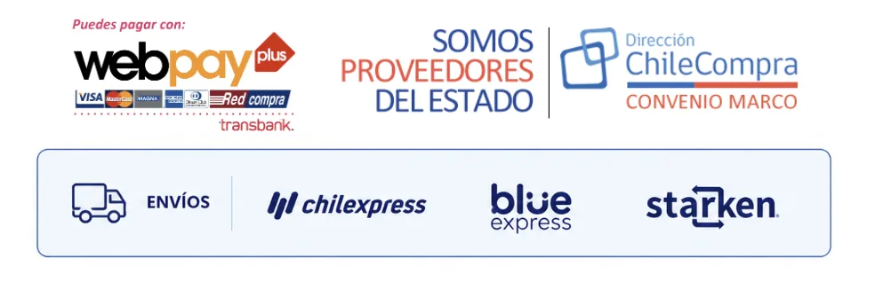 Medios de pago y despacho: Webpay, ChileCompra, Chilexpress, Blue Express y Starken